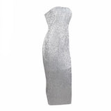 Glam Doll Silver Strapless Sequin Midi Dress - Fashion Genie Boutique