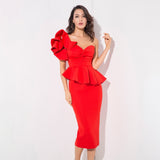Keya Red Peplum Bardot Top & Midi Skirt Dress Co Ord - Fashion Genie Boutique