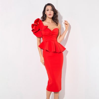 Keya Red Peplum Bardot Top & Midi Skirt Dress Co Ord - Fashion Genie Boutique