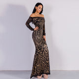 Natalina Black Sequin Bardot Long Sleeve Maxi Dress - Fashion Genie Boutique