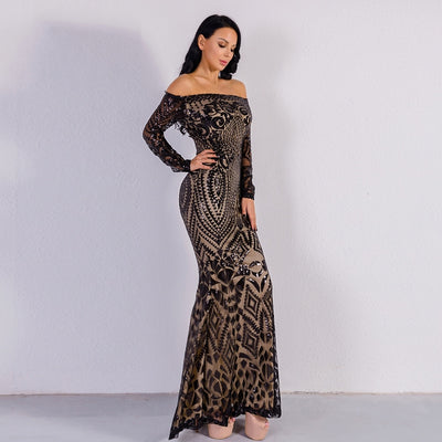 Natalina Black Sequin Bardot Long Sleeve Maxi Dress - Fashion Genie Boutique