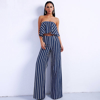 Stripe Delight Navy Two Piece Trousers & Crop Top Co-Ord - Fashion Genie Boutique