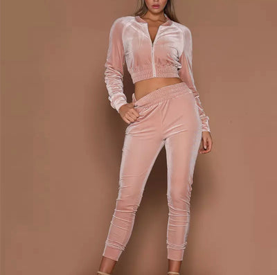 Netflix and Chill Nude Velvet Cropped Lounge Co-Ord - Fashion Genie Boutique