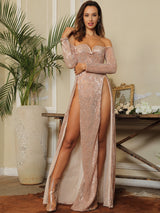 So Lavish Rose Gold Sequin Bardot Double Split Maxi Dress - Fashion Genie Boutique