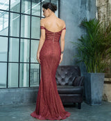 Little Treasure Burgundy Bardot Glitter Fishtail Maxi Gown Dress - Fashion Genie Boutique
