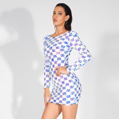 Check Mate White Iridescent Sequin Long Sleeve Dress - Fashion Genie Boutique