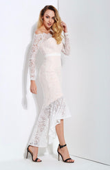 Vibe Seeker White Lace Bardot Midi Dress - Fashion Genie Boutique
