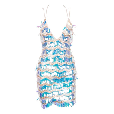 Lisbon Nights Silver Iridescent Sequin Fringe Mini Dress - Fashion Genie Boutique