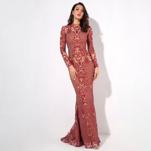 Moroccan Mama Red Long Sleeve Glitter Fishtail Maxi Dress - Fashion Genie Boutique