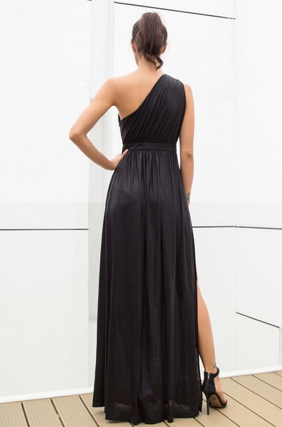 Dream Day Black Lace Asymmetric Satin Maxi Dress - Fashion Genie Boutique