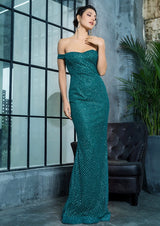 Little Treasure Green Bardot Glitter Fishtail Maxi Gown Dress - Fashion Genie Boutique