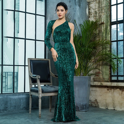 Luxury Night Green Sequin One Shoulder Maxi Gown Dress - Fashion Genie Boutique