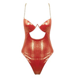 Say It Isn’t So Orange Iridescent Chain Strap Cut Out Bodysuit - Fashion Genie Boutique