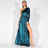 Just One Wish Green Velvet One Shoulder Long Sleeve Maxi Dress - Fashion Genie Boutique