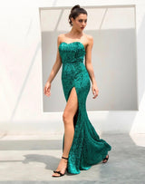 Disco Belle Green Sequin Strapless Split Maxi Gown Dress - Fashion Genie Boutique