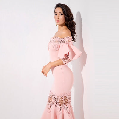 Mamacita Pink Bardot Lace Panel Midi Dress - Fashion Genie Boutique