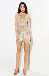 Modern Renaissance Gold Cold Shoulder Long Sleeve Fringe Mini Dress - Fashion Genie Boutique