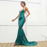 Ecstasy Green Plunge Sequin Maxi Fishtail Gown Dress - Fashion Genie Boutique
