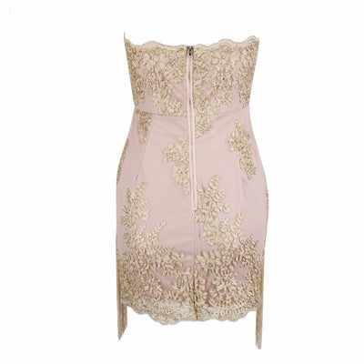 Sorrento Sunset Nude & Gold Embroidered Fringe Mini Dress - Fashion Genie Boutique