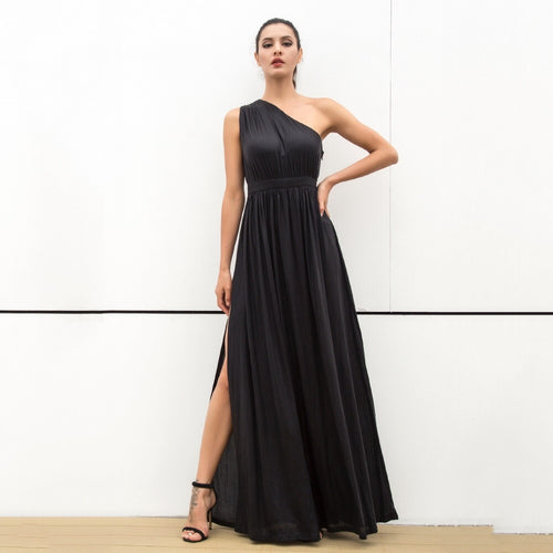 Dream Day Black Lace Asymmetric Satin Maxi Dress - Fashion Genie Boutique