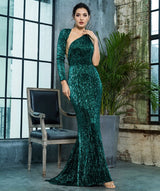 Luxury Night Green Sequin One Shoulder Maxi Gown Dress - Fashion Genie Boutique