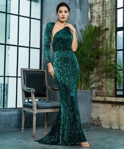 Luxury Night Green Sequin One Shoulder Maxi Gown Dress - Fashion Genie Boutique