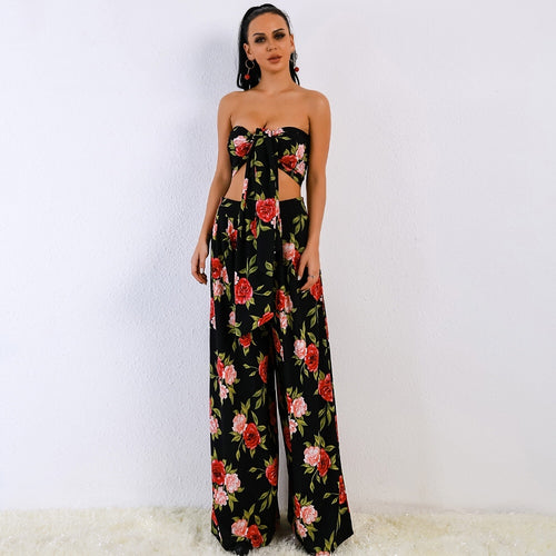 Suko Black Floral Print Crop Top & Trousers Co-Ord - Fashion Genie Boutique