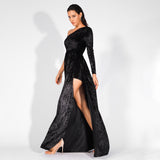 Just One Wish Black Velvet One Shoulder Long Sleeve Maxi Playsuit - Fashion Genie Boutique