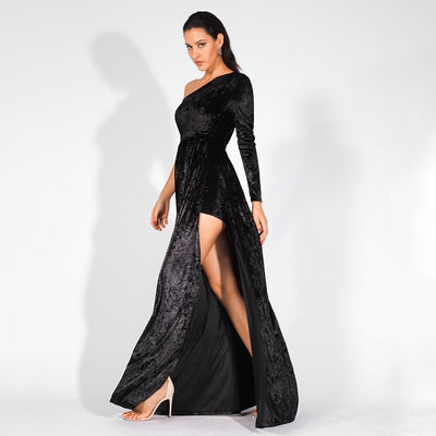 Just One Wish Black Velvet One Shoulder Long Sleeve Maxi Playsuit - Fashion Genie Boutique