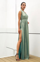 Dream Day Green Lace Asymmetric Satin Maxi Dress - Fashion Genie Boutique