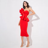 Keya Red Peplum Bardot Top & Midi Skirt Dress Co Ord - Fashion Genie Boutique