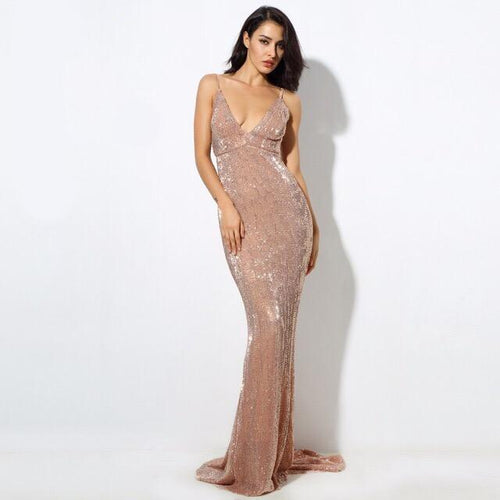 Goal Digger Champagne Embellished Sequin Maxi Party Gown Dress - Fashion Genie Boutique