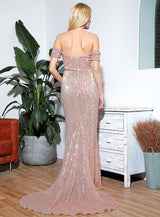 Falling Hard Rose Gold Bardot Sequin Side Split Maxi Dress Gown - Fashion Genie Boutique