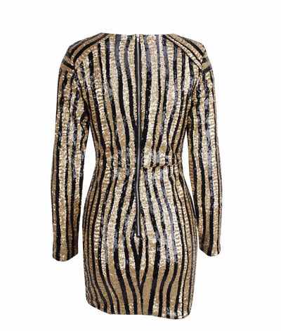 Glitter And Gold Sequin Stripe Long Sleeve Mini Dress - Fashion Genie Boutique