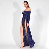 So Lavish Navy Sequin Bardot Double Split Maxi Dress - Fashion Genie Boutique