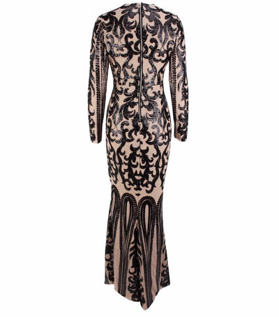 Graceful Black Sequin Long Sleeve Fishtail Maxi Dress - Fashion Genie Boutique