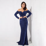 Dressed To Thrill Navy Sequin Bardot Maxi Dress - Fashion Genie Boutique