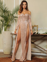 So Lavish Rose Gold Sequin Bardot Double Split Maxi Dress - Fashion Genie Boutique