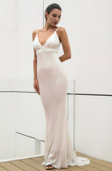 Cotton Candy White Iridescent Sequin Fishtail Maxi Dress - Fashion Genie Boutique