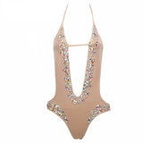 Petunia Beige Crystal Embellished Monokini Swimsuit - Fashion Genie Boutique