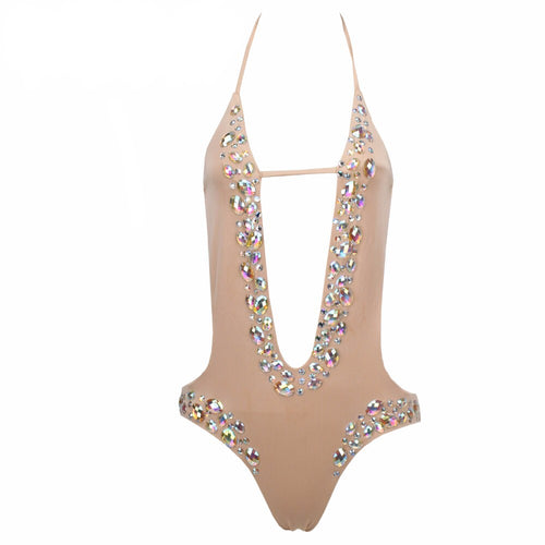 Petunia Beige Crystal Embellished Monokini Swimsuit - Fashion Genie Boutique