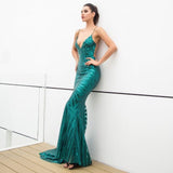 Ecstasy Green Plunge Sequin Maxi Fishtail Gown Dress - Fashion Genie Boutique
