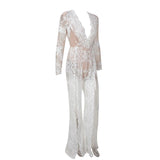 Lady Boss White Sequin Long Sleeve Split Leg Jumpsuit - Fashion Genie Boutique