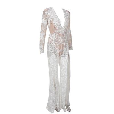 Lady Boss White Sequin Long Sleeve Split Leg Jumpsuit - Fashion Genie Boutique