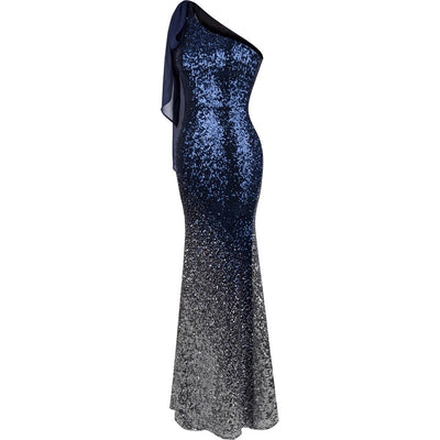 Oh My Posh Blue & Silver Sequin Gradient One Shoulder Maxi Gown Dress - Fashion Genie Boutique