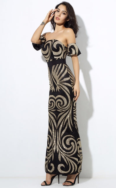 Senorita Black & Gold Glitter Embellished Bardot Maxi - Fashion Genie Boutique