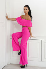 Shopping Spree Pink Bardot Crop Top & Wide Leg Trousers Co-Ord - Fashion Genie Boutique