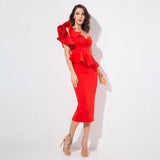 Keya Red Peplum Bardot Top & Midi Skirt Dress Co Ord - Fashion Genie Boutique