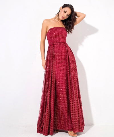 A Star Is Born Red Glitter Strapless Maxi Gown Dress - Fashion Genie Boutique
