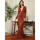 One True Love Brown Long Sleeve Sequin Maxi Gown Dress - Fashion Genie Boutique